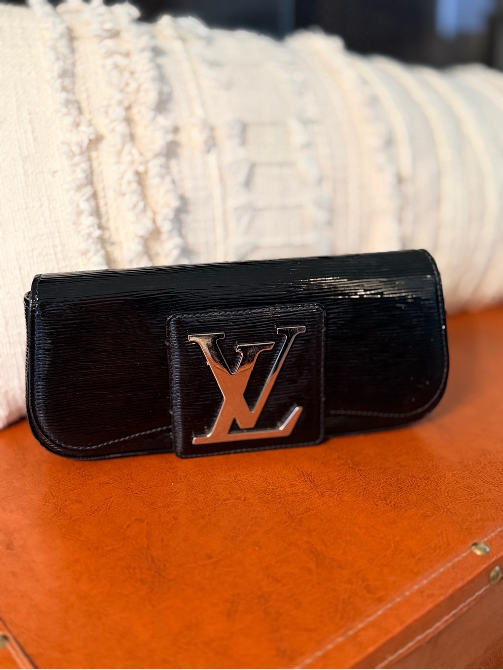Louis Vuitton Black Patent Clutch with Silver LV Emblem